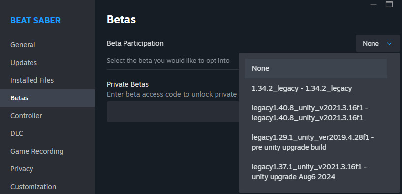 Steam Branch Setting